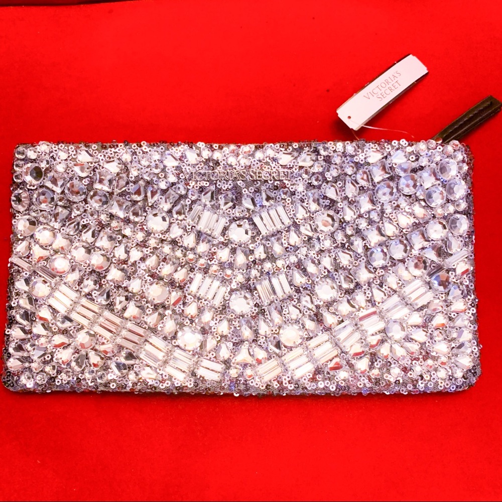 NWT Victoria’s Secret VS Silver Rhinestone Crystal Bling Clutch Purse